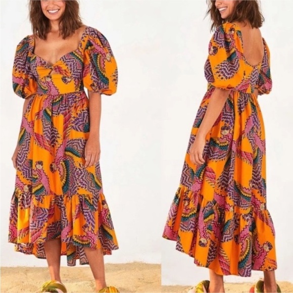 NWT FARM RIO Beaded Macaws Puff Sleeve Midi Dress Size XL - Picture 1 of 9
